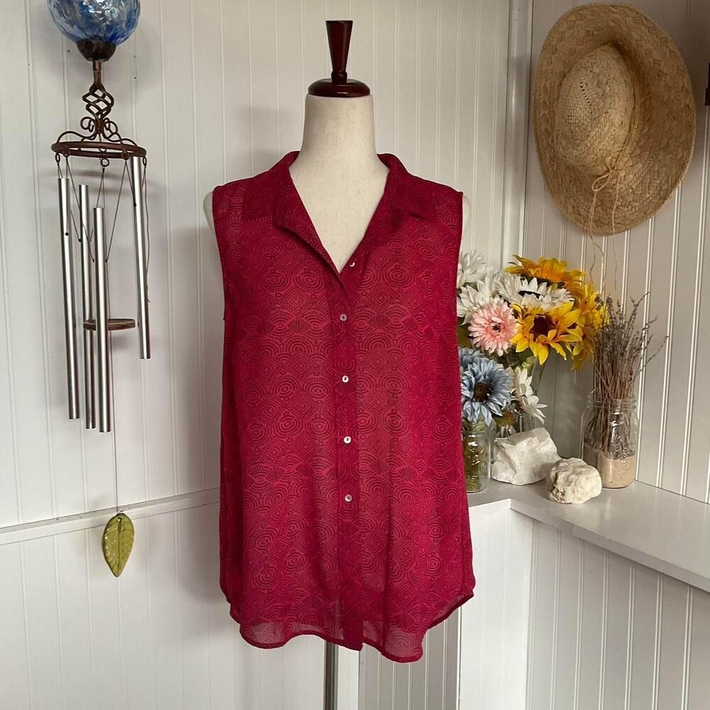 H&M Sheer Sleeveless Red Button-Up with Black Pattern Design